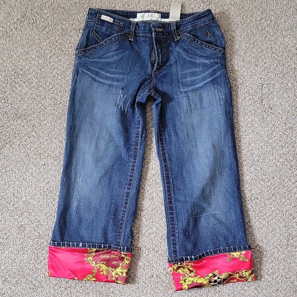 Baby Phat Juniors Cuffed Jeans Blue Pink Gold Embroidered Pockets Denim Stretch